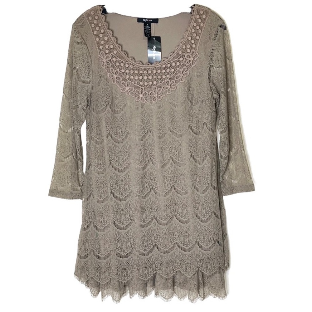 Style & Co Lace Overlay Ruffle Hem Long Sleeve Mini Dress Tan S Cocktail Party - Picture 2 of 15